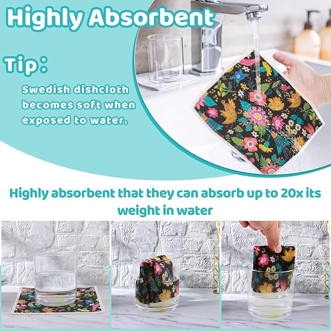 6 Pack Swedish Dishcloths for Kitchen, Swedish Rags Absorbent Retro Bird Dish