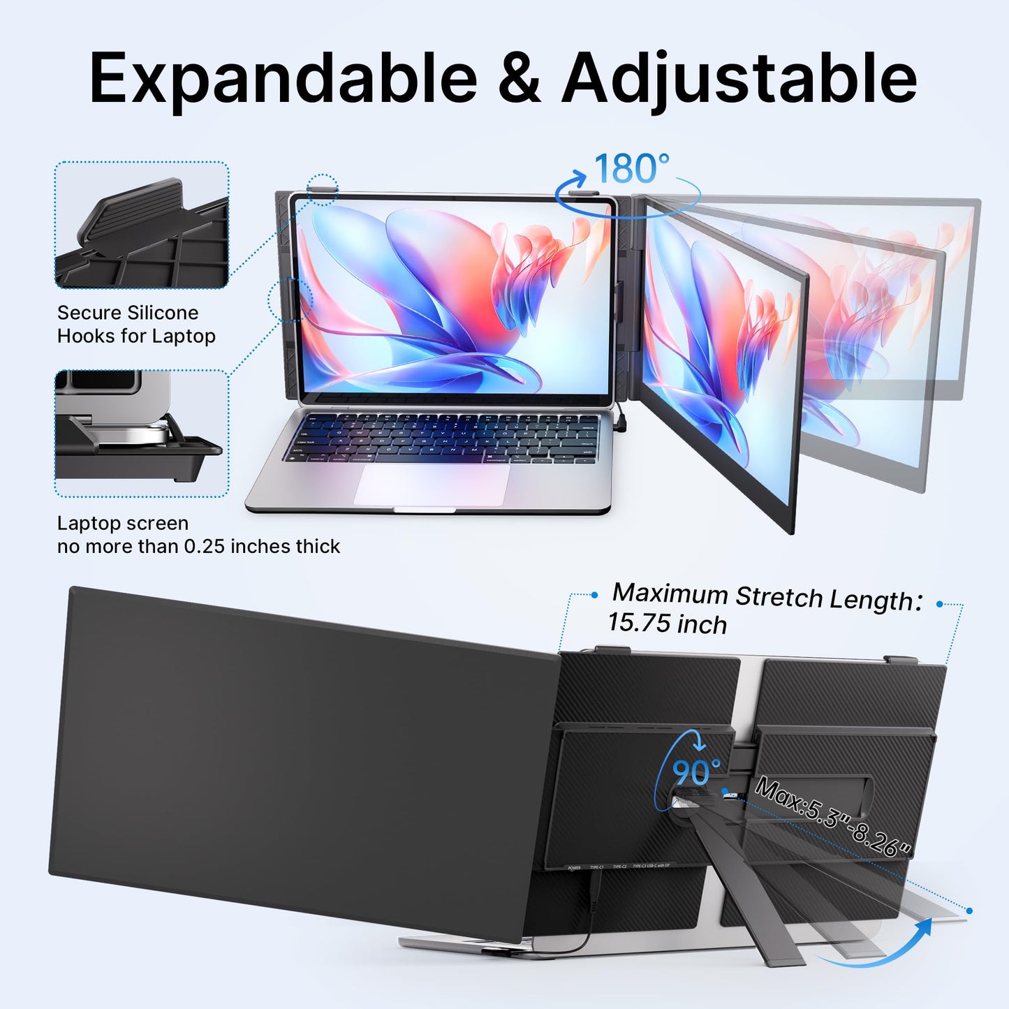 Laptop Screen Extender - Ultra-Thin 1.3lbs 14" FHD IPS Dual Portable Monitor Extension for Laptop, Attachment Plug & Play for 13-17" Laptops, Second Extra Travel Display for Windows/Mac/Android