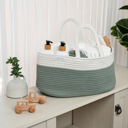 Comfy Cubs Rope Diaper Caddy Organizer 8.5" x 15" x 8" - Large Baby Diaper Basket with 3 Spacious Compartments - Stylish Cotton Baby Caddy Organizer for Diapers, Wipes & Essentials - Sage
