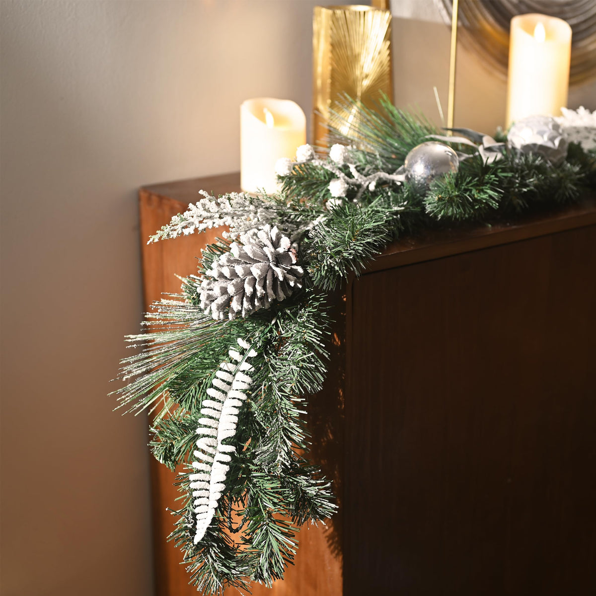 Valery Madelyn 9 Feet Pre-Lit Christmas Garland with Lights for Mantle, Lighted Outdoor Xmas Garland with Silvery White Ball Pinecones for Home Stairs Fireplace Table Centerpiece Indoor Holiday Decor
