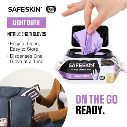 SAFESKIN Disposable Nitrile Gloves in POP-N-GO* Pack - Light Duty - Medium Size, Powder Free, Food Safe - 200 Count