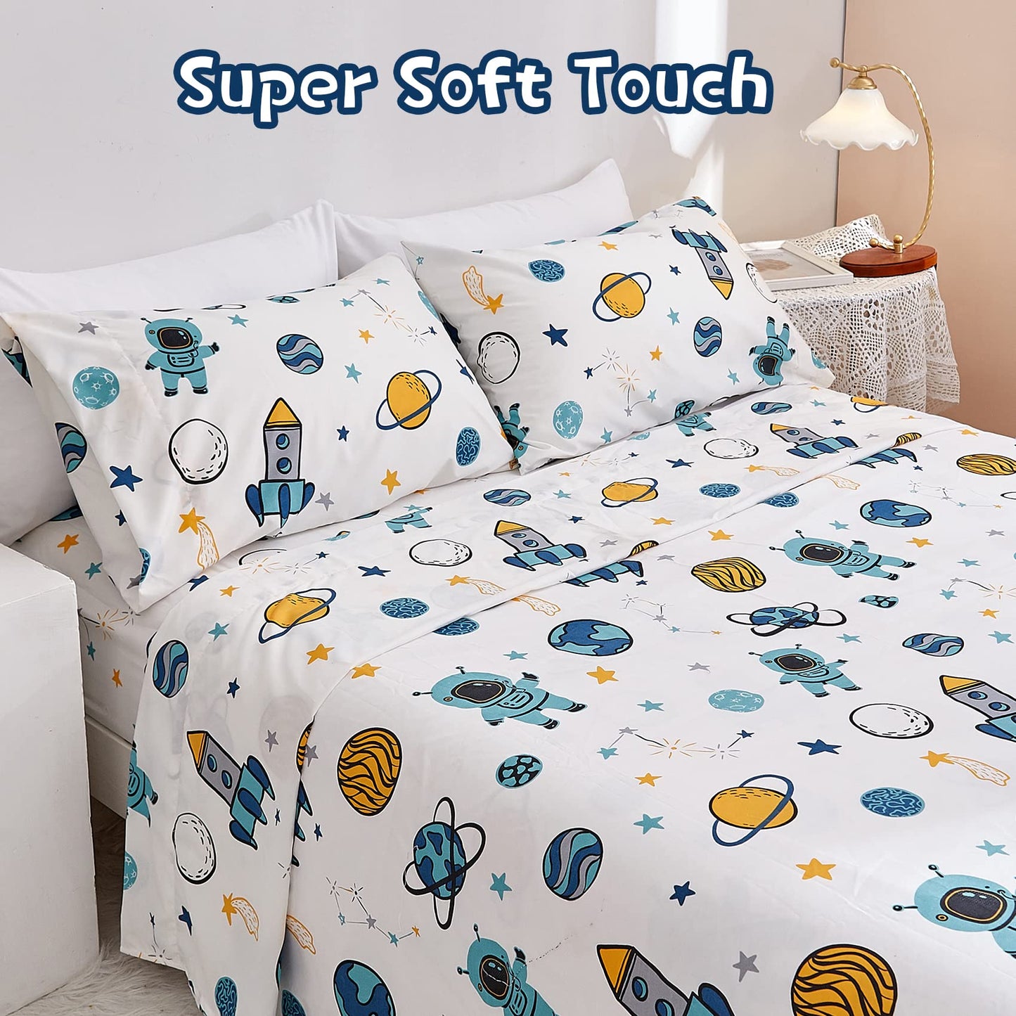 JSD Blue Astronaut Kids Sheet Set Twin Size, 3 Piece Space Rocket Printed Microfiber Bed Sheets Deep Pocket