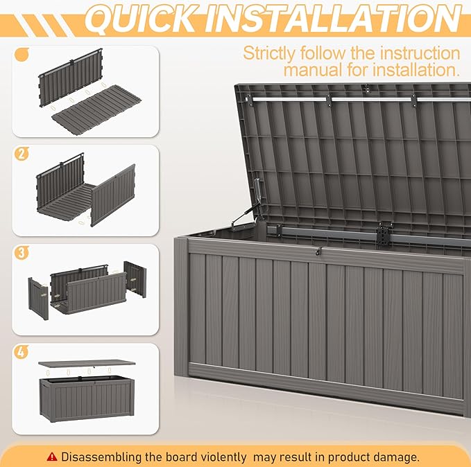 Outdoor Storage Box, Resin Deck Boxes Indoor and outdoor, Waterproof Storage Box Lockable Lid (Grey, 120 Gallon)