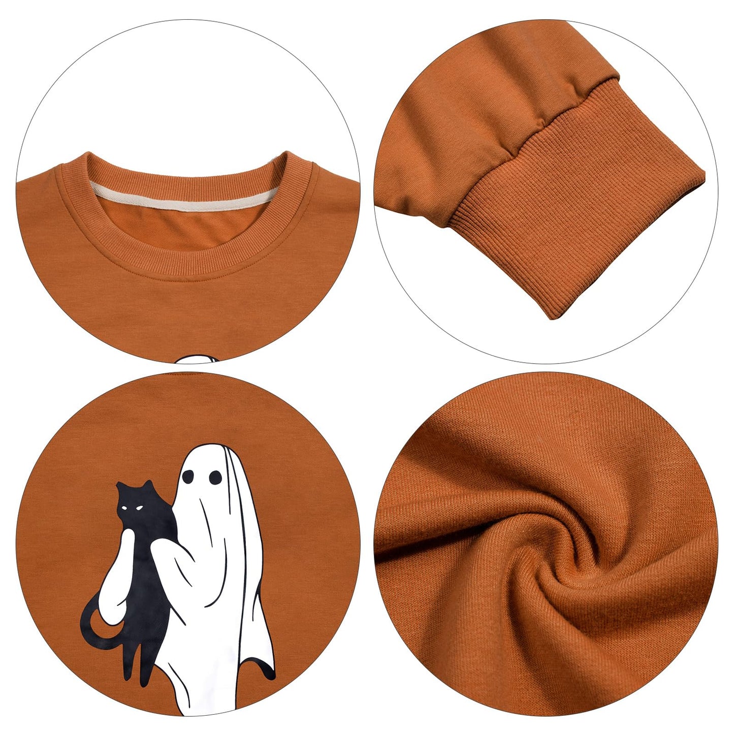 UNIQUEONE Halloween Spooky Season Sweatshirt Women: Black Cat Ghost Sweatshirts Oversized Fall Ghost Pullover