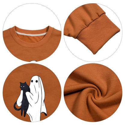 UNIQUEONE Halloween Spooky Season Sweatshirt Women: Black Cat Ghost Sweatshirts Oversized Fall Ghost Pullover