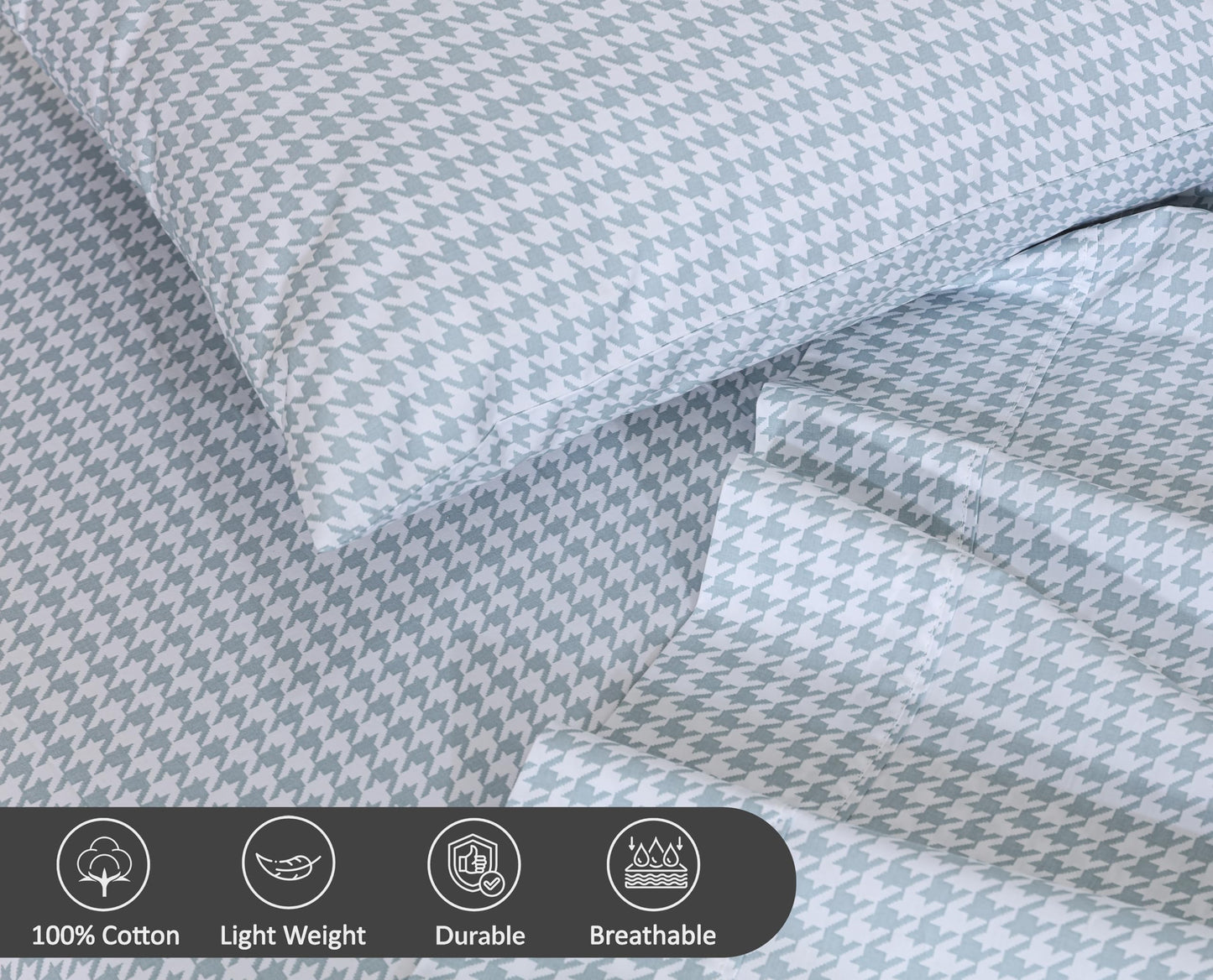 RUVANTI 100% Cotton Percale Sheets Queen Size – Crisp Cooling Bed Sheets for Hot Sleepers, Deep Pocket 16”, Soft Breathable & Durable Hotel-Style 4 Piece Set, Houndstooth