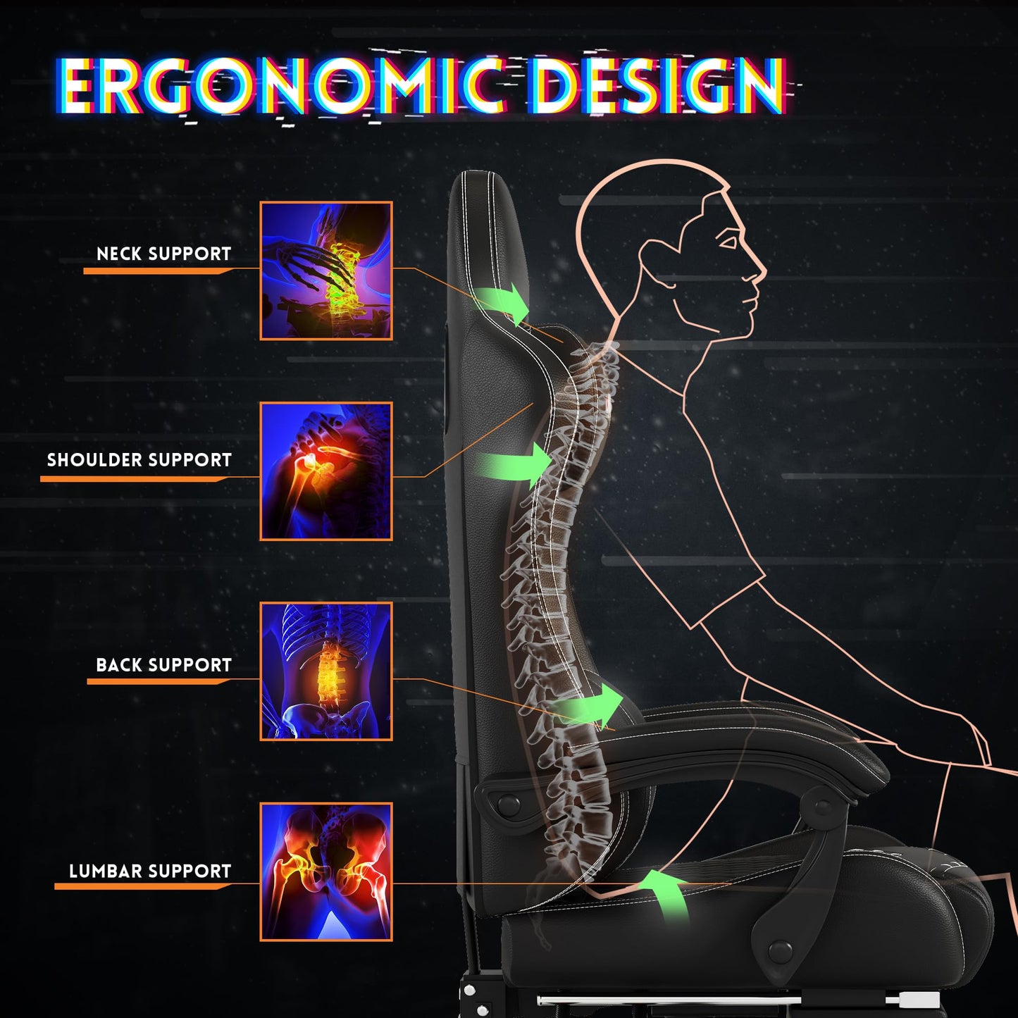 MINOMAC Gaming Chair,Ergonomic Computer Gaming Chair,400lb Load-Bearing,Retractable Footrest/Waist Support/Ergonomic Backrest[Spring + 4D Sponge] (Black)