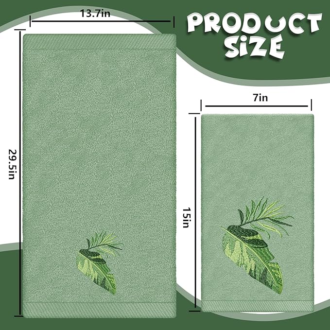 3Pcs Sage Green Gradient Hand Towels Tropical Palm Leaves Embroidered Cotton