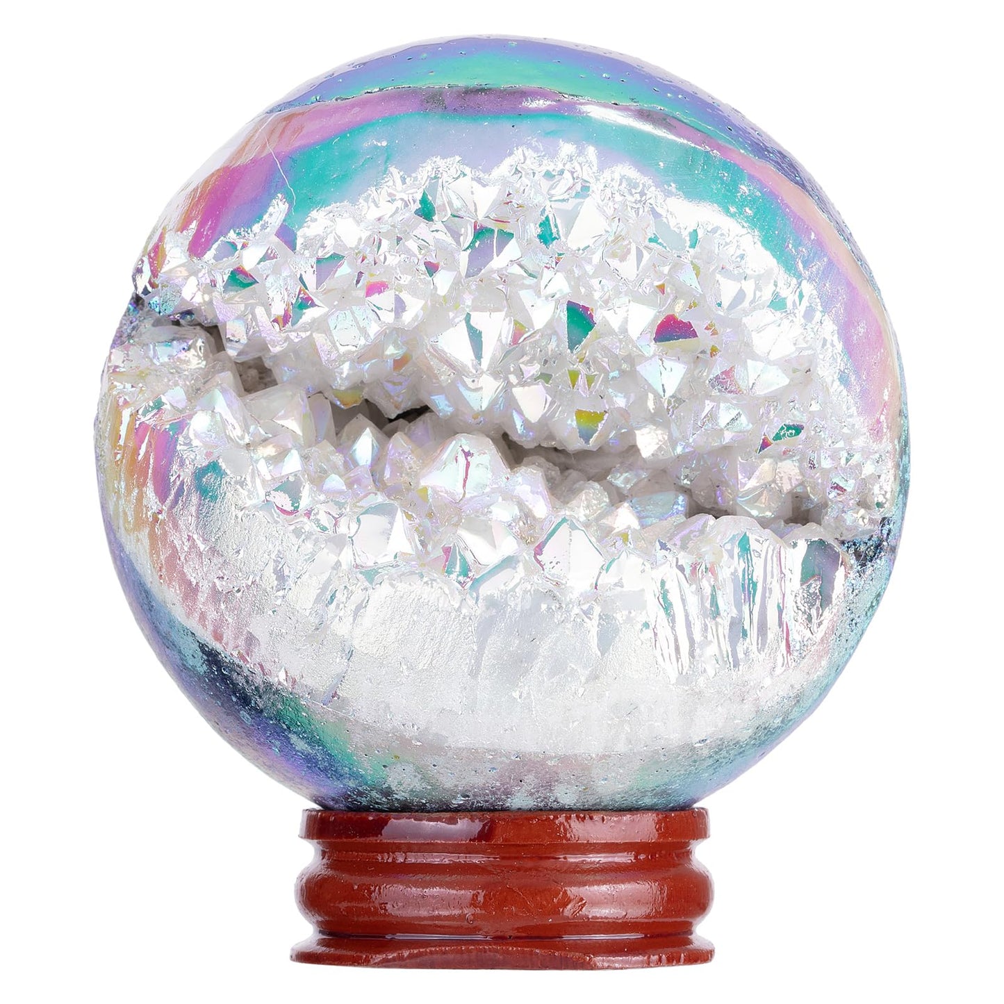 Rockcloud Titanium Coated White AB Quartz Crystal Sphere with Wood Stand, Natural Rock Crystal Geode Ball for Divination Home Decor, 61-70mm