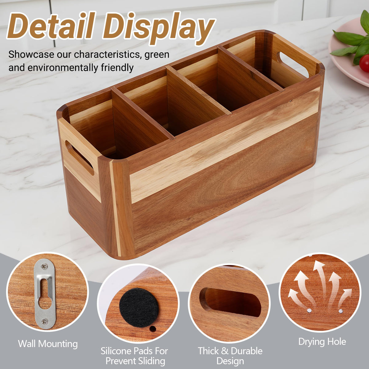 2PC Wooden Kitchen Utensil Holder for Countertop - Wall-mountable Large 4+3 Compartment Acacia Wood Organizer, Rustic Minimalist Utensil Crock for Cooking Tools and Flatware Storage