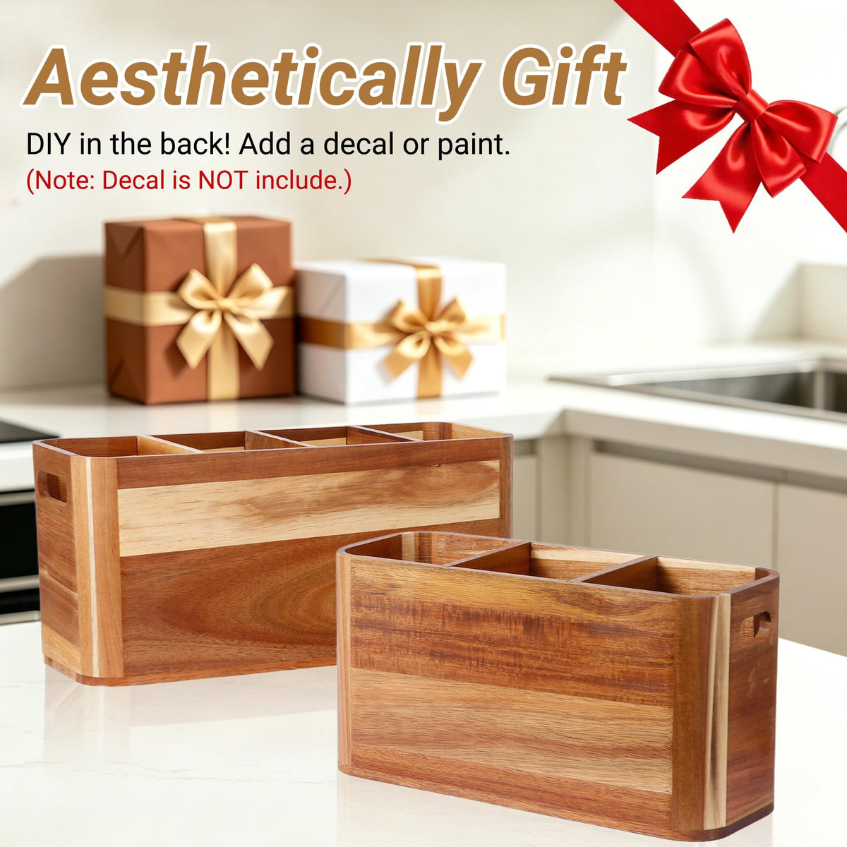 2PC Wooden Kitchen Utensil Holder for Countertop - Wall-mountable Large 4+3 Compartment Acacia Wood Organizer, Rustic Minimalist Utensil Crock for Cooking Tools and Flatware Storage