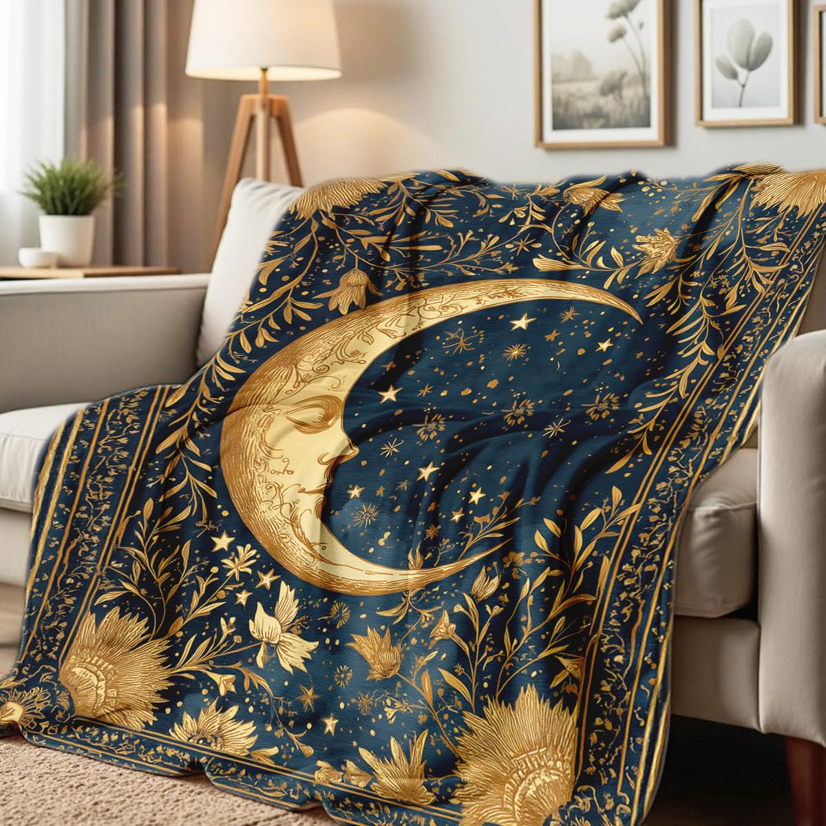HUNXIAOJ Celestial Throw Blanket for Couch Bed Sun Moon Floral Print Flannel Blanket Celestial Gifts Astrology Throw Mystical Bedroom Home Decor (59"x78")