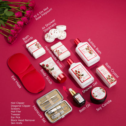 Valentines Day Gifts for Her, Red Rose Spa Gifts for Women, Bath and Body Gift Set, 35 Piece Stress Relief Spa Kit Gift Basket, Birthday, Mom, Nail Care Kit - Body Scrub, Bubble Bath, Bath Bomb & More