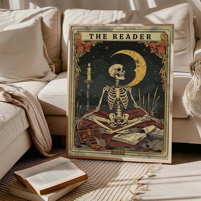 Tarot card wall art Skeleton Reader Tarot Picture Decor Library Reading Room School Decor Book Lover Witchy Gothic Halloween Canvas Paintings Gifts for Readers Book Lovers Gifts 16x24inch Unframed
