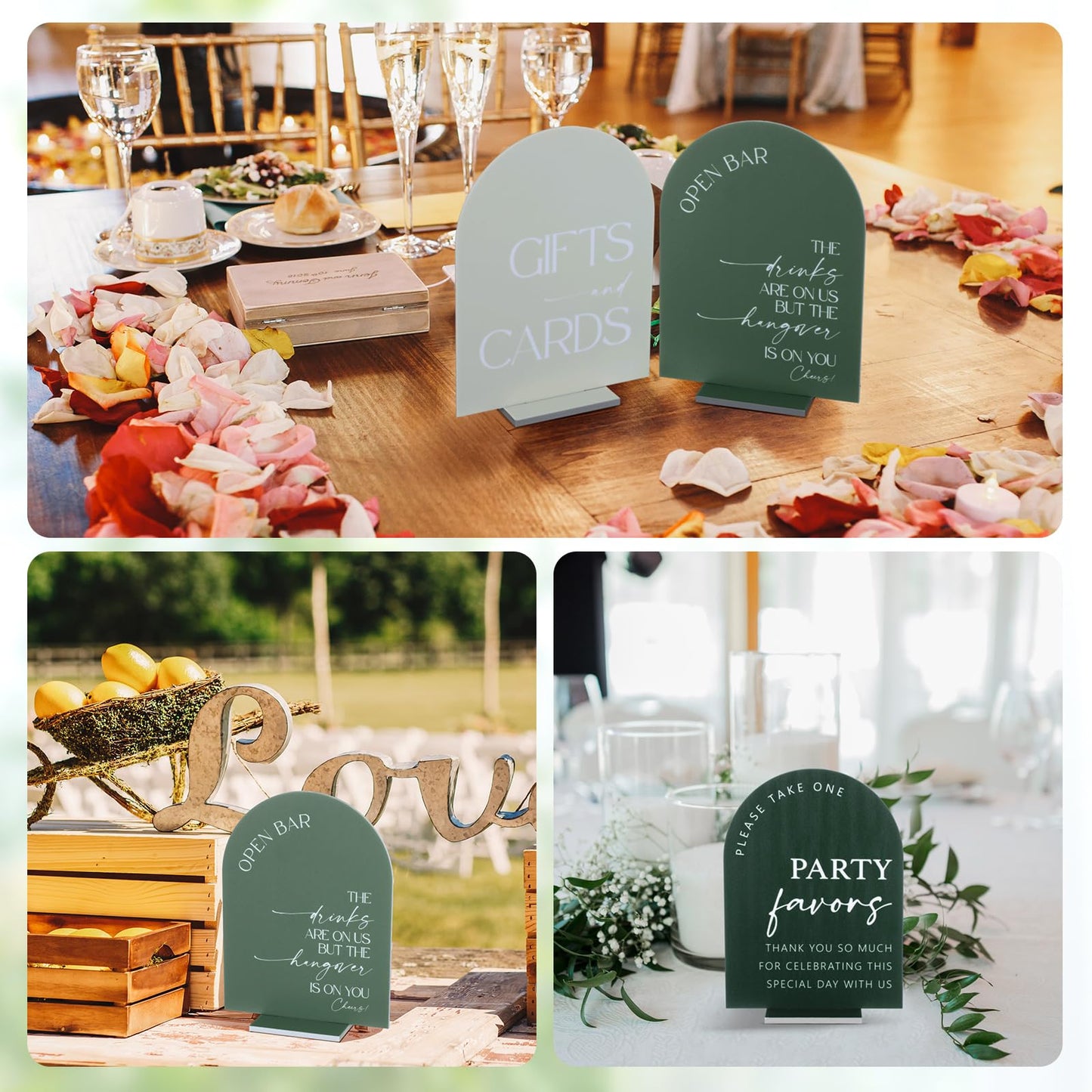 Weysat 4 Pcs Acrylic Wedding Signs for Ceremony and Reception, 5x7 Inch Sage Green Wedding Signage Decor with Stand, Guest Book, Cards and Gifts, Open Bar, Favor Signs for Marriage Memorial Ceremony