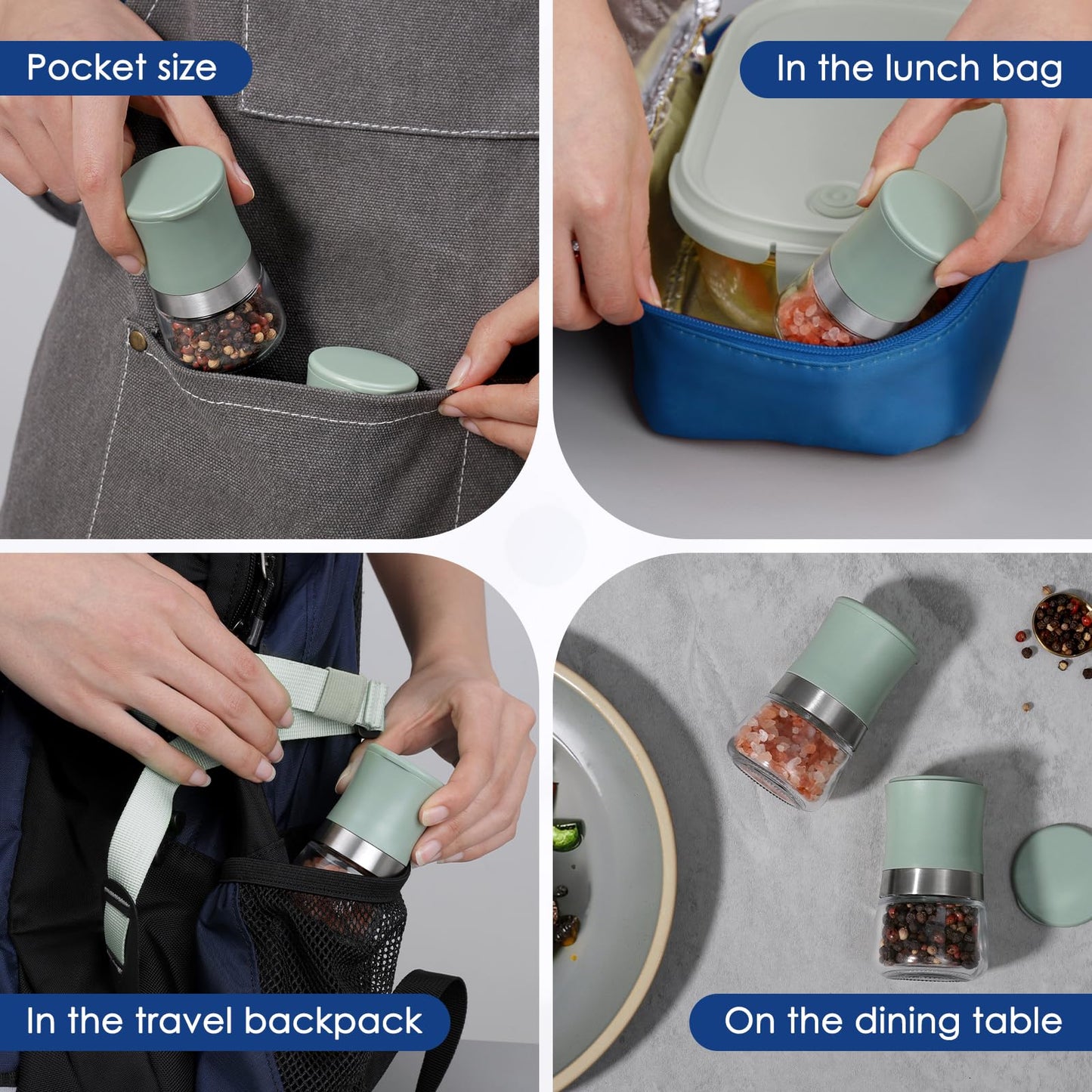 vzaahu Small Salt and Pepper Grinder Set,Green Mini Portable Refillable Spice Mills for Home, Travel, RV & Outdoor Dining,Adjustable Grinding Coarseness