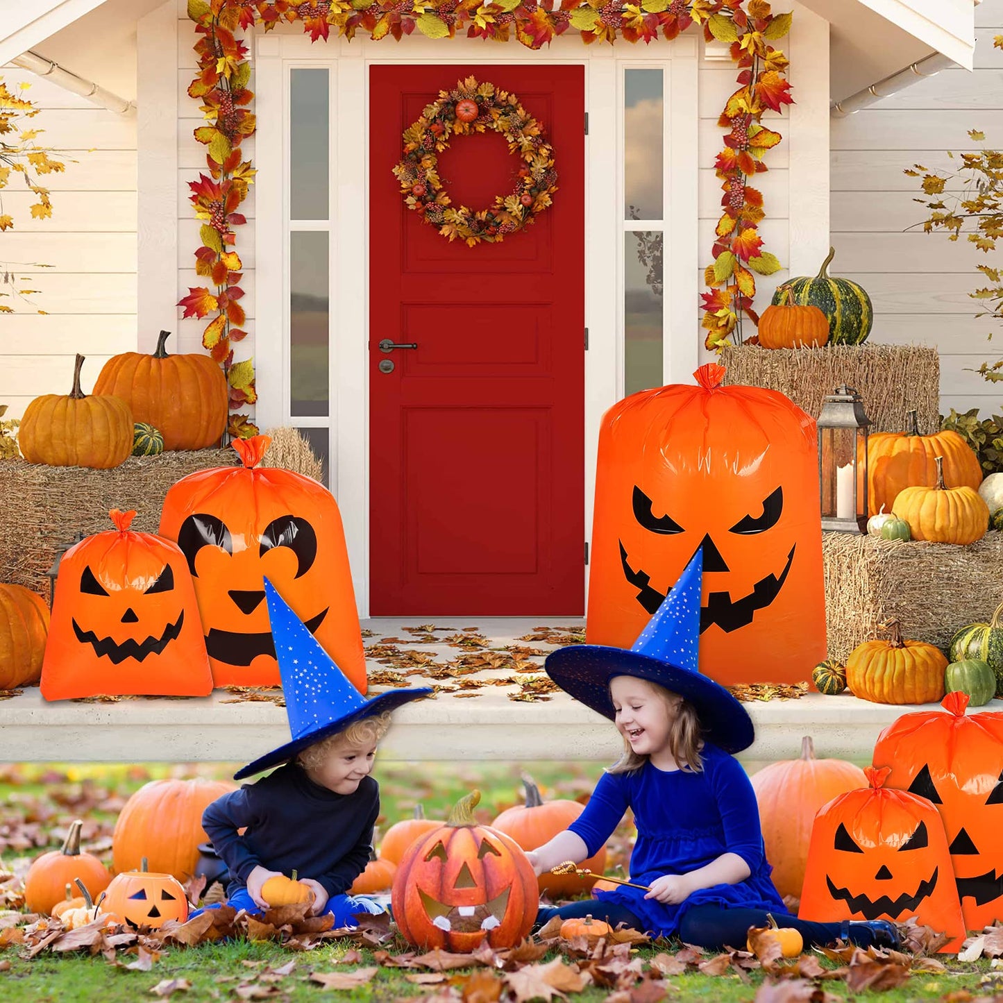 12Pcs Halloween Pumpkin Lawn Bags - Halloween Decorations Leaf Bags with 5 Designs, Halloween Party Favors Fall Halloween Trash Bags with Twist Ties for Yard Lawn Garden Halloween Decorations Outdoor