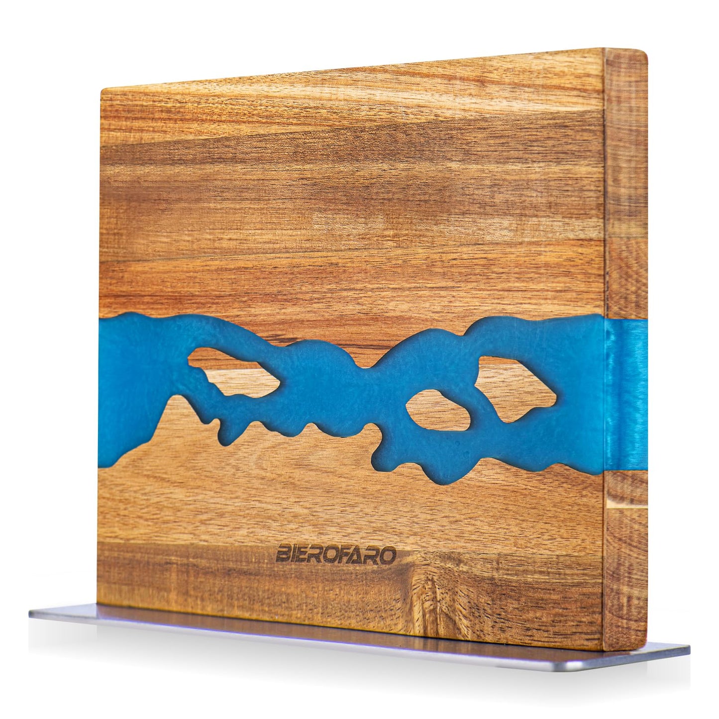 Magnetic Knife Block with Steel Base, Double‑Sided Knife Holder Made of Acacia Wood for Chef Knives, Modern Kitchen Countertop Organizer, Blue Resin River Design