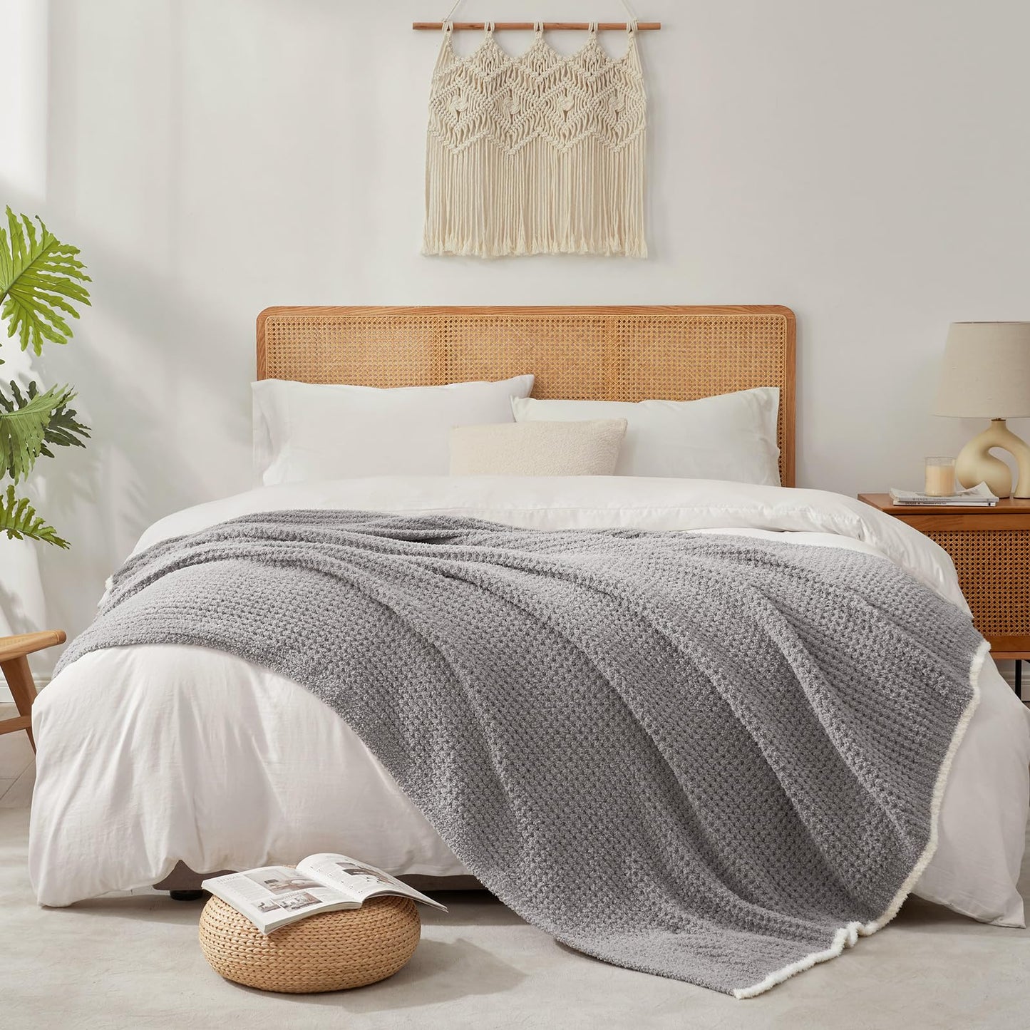 Snuggle Sac Ultra Soft Waffle Throw Blanket for Couch Bed Sofa 50x60 inches, Reversible Grey Blanket Microfiber Fluffy Fuzzy Cozy Knit Throws for Women Mothers Birthday Gifts