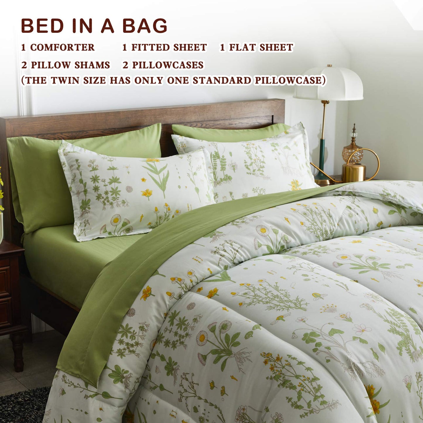 Joyreap 7 Piece Botanical Bed in a Bag Queen, Green Leaves Yellow Flower on Green Tint, Smooth Soft Microfiber Comforter Sheet Set for All Season