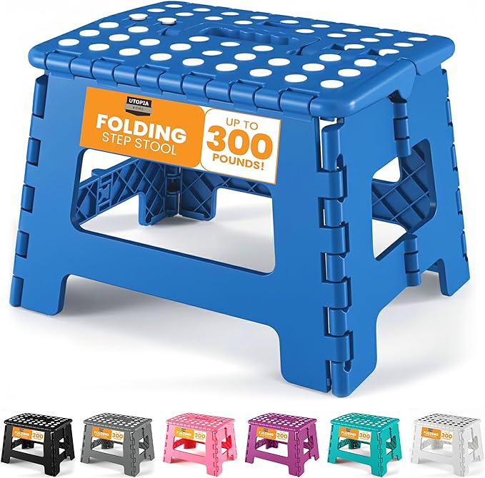 Utopia Home Folding Step Stool with Handle – 9 Inch Anti Slip Collapsible Stool – Holds Up to 300 lbs – Sturdy Plastic Step Stool Foldable for Kitchen, Bathroom and Home Use (1-Pack, Blue)