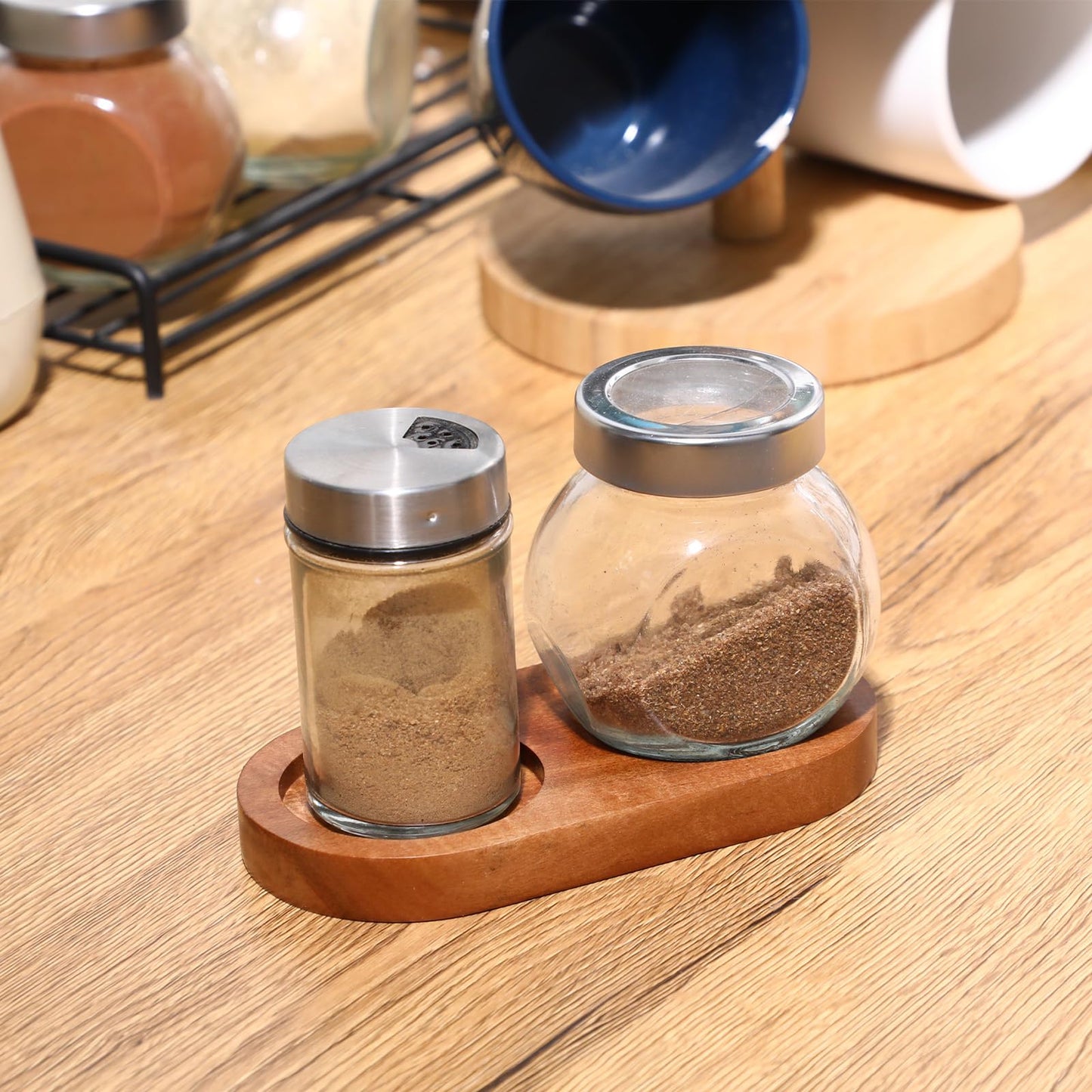 Salt and Pepper Mill Tray, Salt & Pepper Grinder Accessories Acacia Wood Tray Pepper Mill Holder & Rest Dining Table Protector fit Many Mills & Shakers (Pepper mill and salt mill are not included)