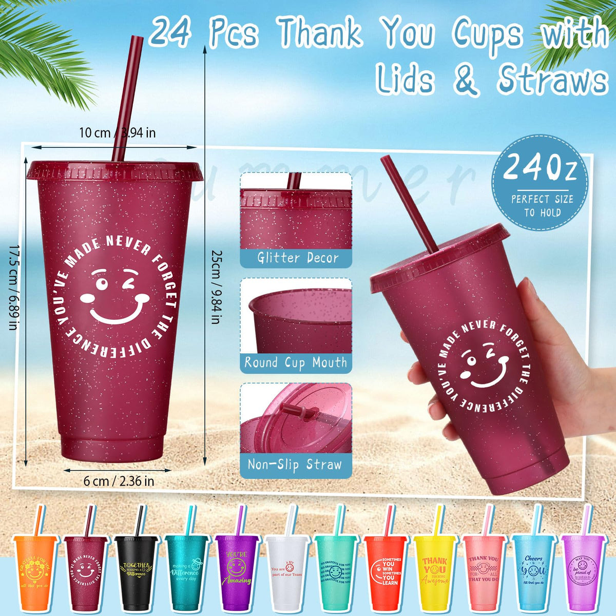 Feifeiya 72 Pcs/ 24 Set Thank You Gift Bulk 24 oz Appreciation Tumbler with Lids and Straws Motivational Pens Inspirational Notepads Set Plastic Cups Gift for Valentines Employee Team Staff Coworker