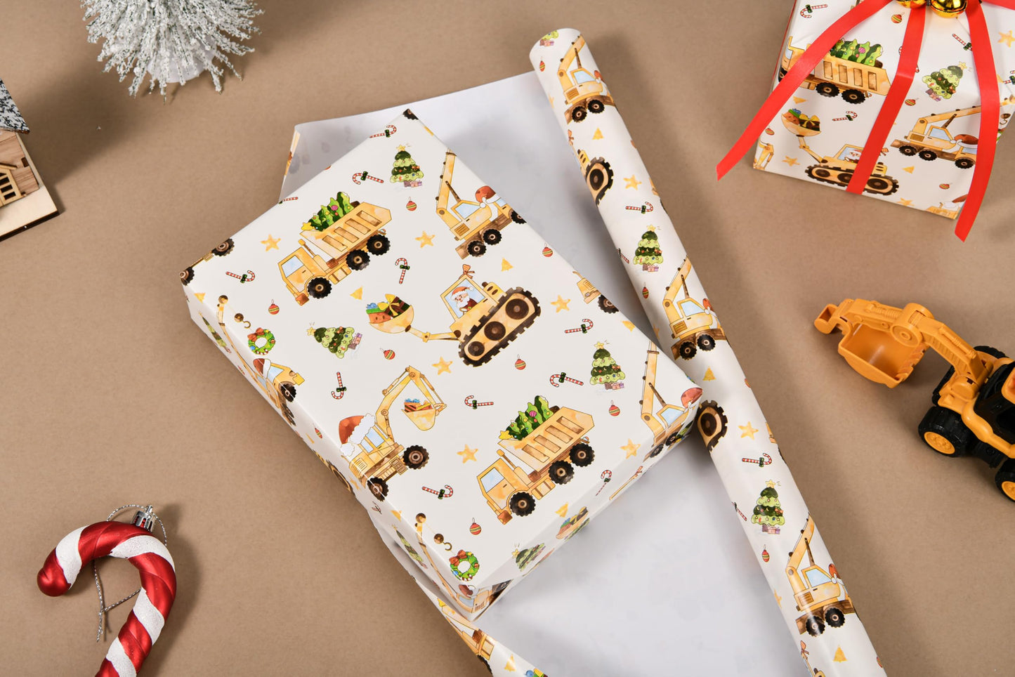 Titiweet Construction Christmas Wrapping Paper - 17" x 16.4 ft - Christmas Truck with Santa, Trees Gift Wrap for Kids Boys(Construction)