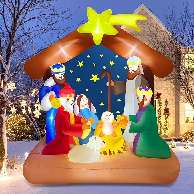 6FT Christmas Inflatable Nativity Scene Outdoor with Build-in LED Light, Large Christmas Decorations Inflatables Nativity Blow Up for Indoor, Outdoor, Garden, Lawn