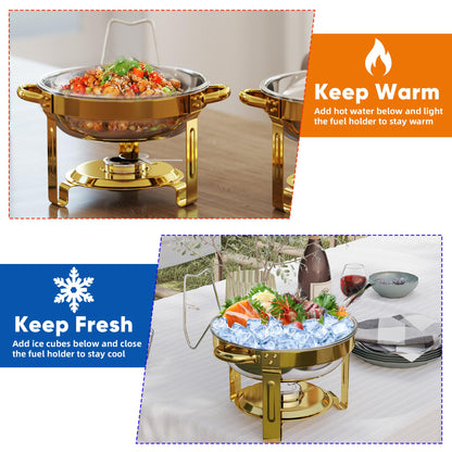 4 Pack Gold Round Chafing Dishes for Buffet, 5 QT Food Warmers and Cold Food Server for Parties, Events Hosting, Family Gatherings, Full Set Catering Supplies with Serving Utensils Accessories