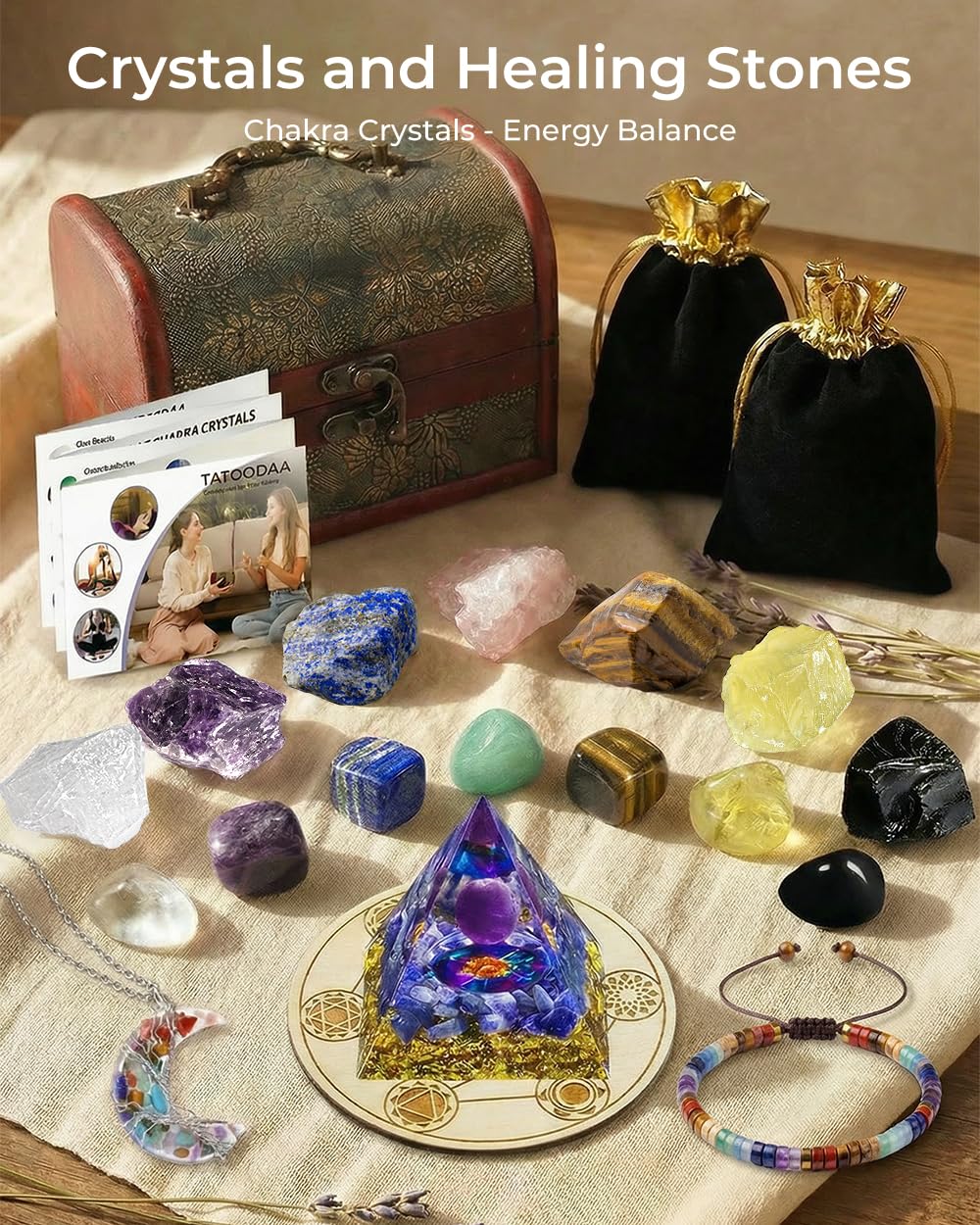 Crystals and Healing Stones Set - Chakra Crystals Gift for Women, Thumb Worry Stones, Chakra Bracelets, 7 Chakra Stones Set, Orgone Pyramid for Positive Energy Balance, Birthday Gifts for Women