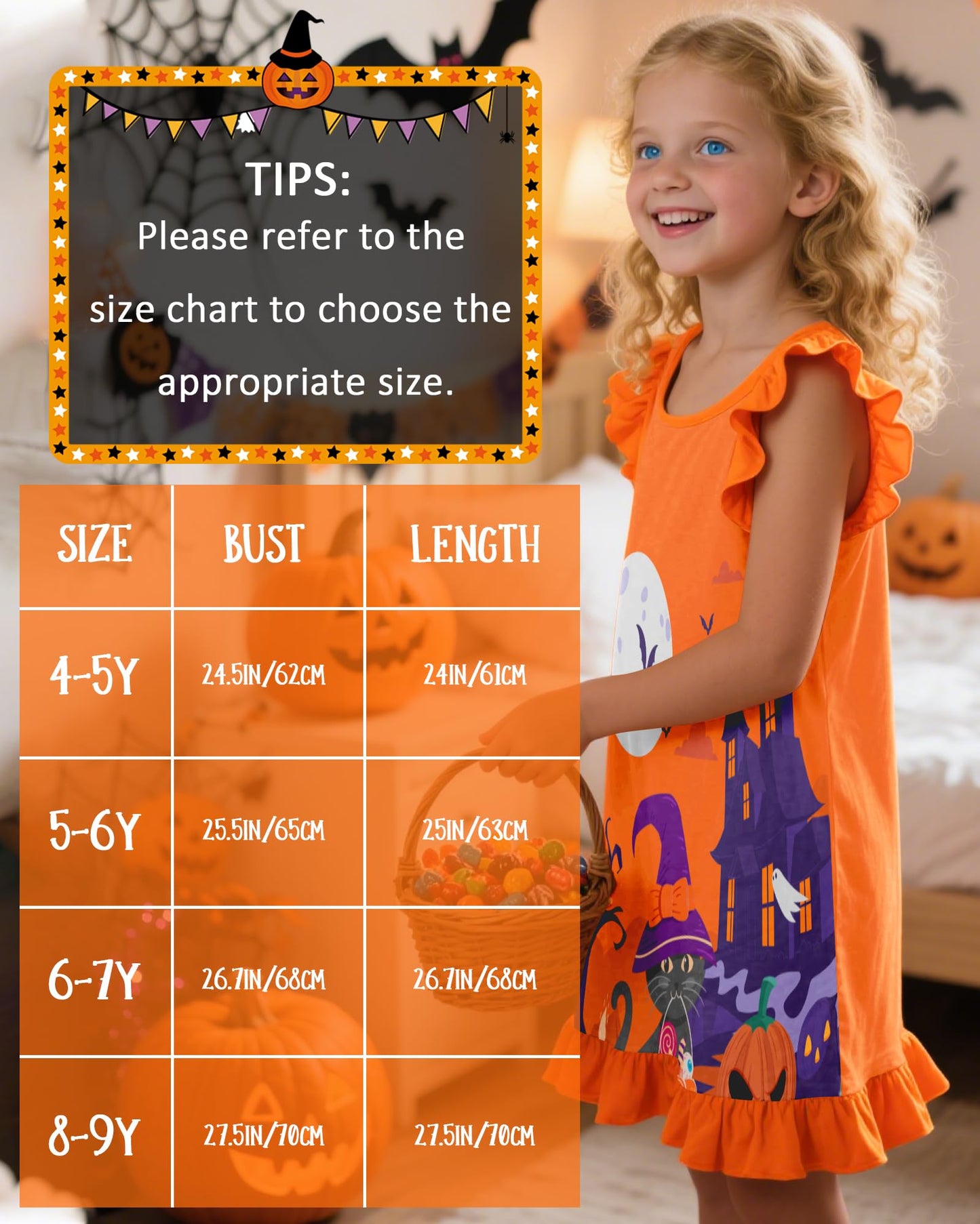 Sylfairy Girls Halloween Nightgown, Cat Toddler Nightgown Princess Pajama Dresses for Girls Sleepwear Nightie Orange 8 Years 9 Years