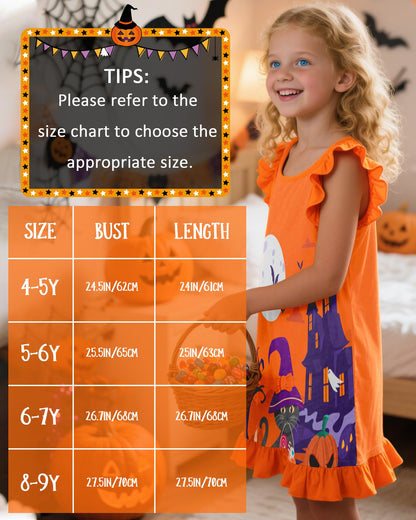Sylfairy Girls Halloween Nightgown, Cat Toddler Nightgown Princess Pajama Dresses for Girls Sleepwear Nightie Orange 8 Years 9 Years