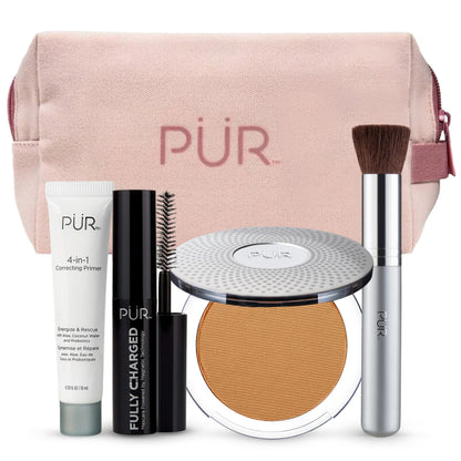 PÜR MINERALS Multitasking Essentials Kit, Medium Dark - Makeup Gift Set Includes 4-in-1 Correcting Primer, Fully Charged Mascara, 4-in-1 Pressed Mineral Powder & 1 Chisel Brush