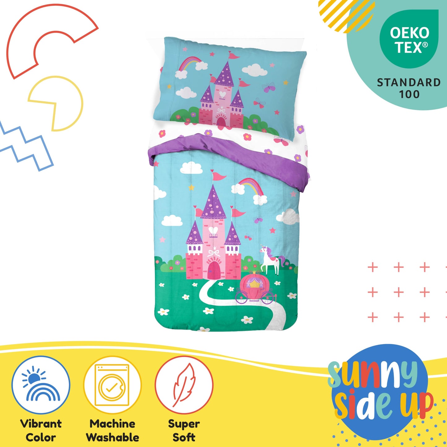 Sunny Side Up Magic Castle Toddler Comforter Set - 4 Piece Preschool Bedding Includes Comforter, Sheets & Pillow Cover - Super Soft Floral Microfiber Bed Set