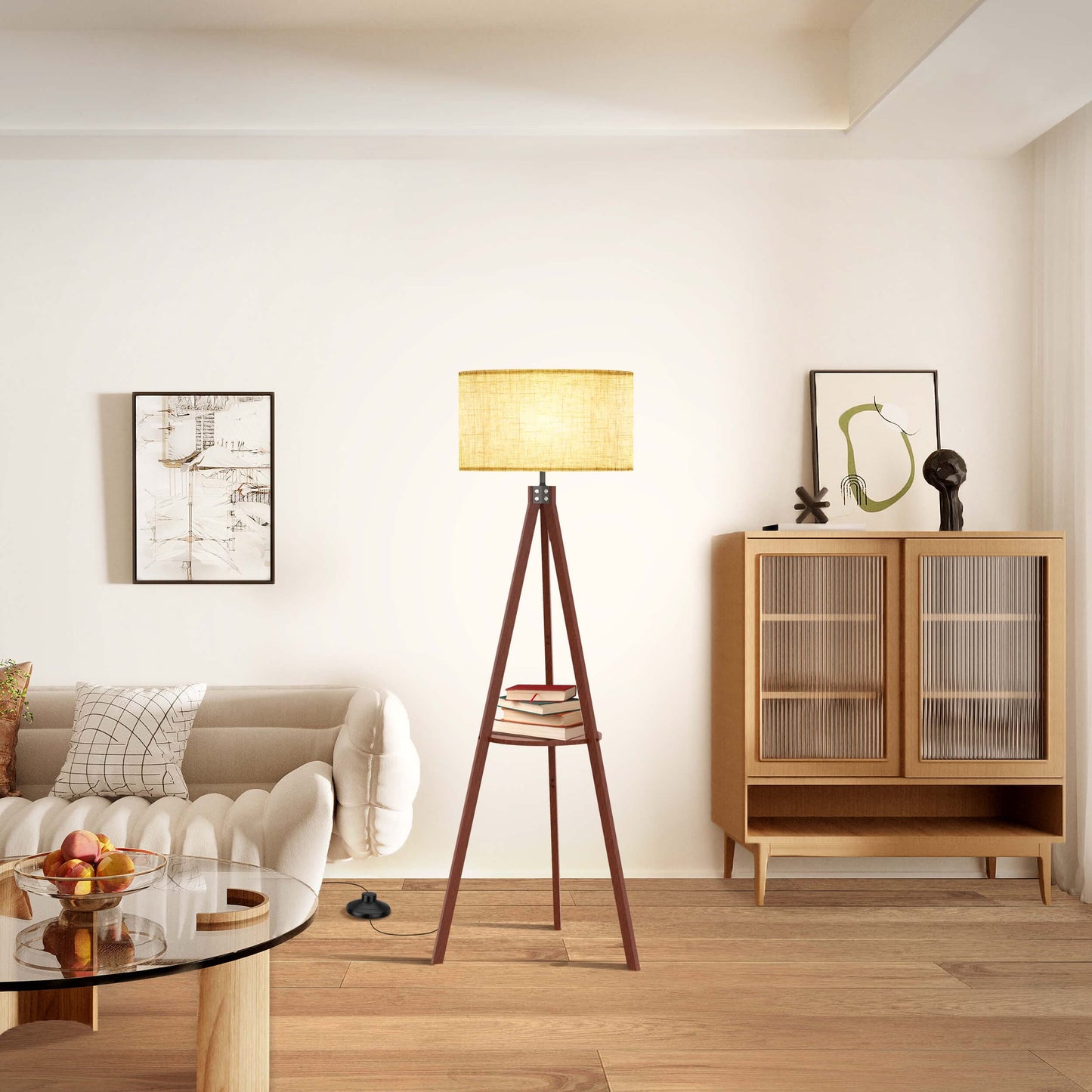 LEPOWER Tripod Floor Lamp, Mid Century Wood Standing Lamp, Modern Design Shelf Floor Lamp for Living Room, Bedroom, Office, Flaxen Linen Shade with E26 Base Brown