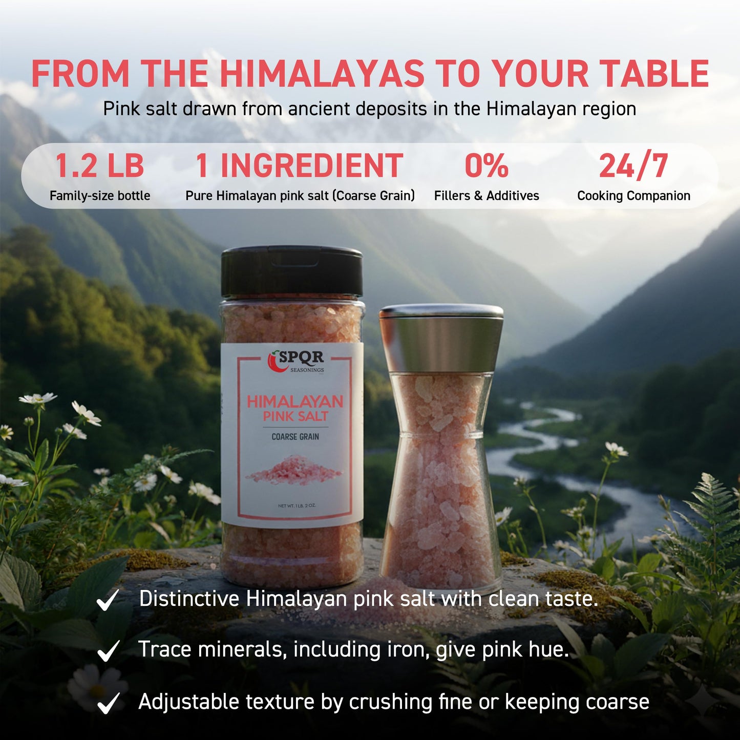 Himalayan Pink Salt Coarse Grain XL 1.2 lb. Bottle Grinder Refill Nutrient and Mineral Dense Salt Crystals by SPQR Seasonings