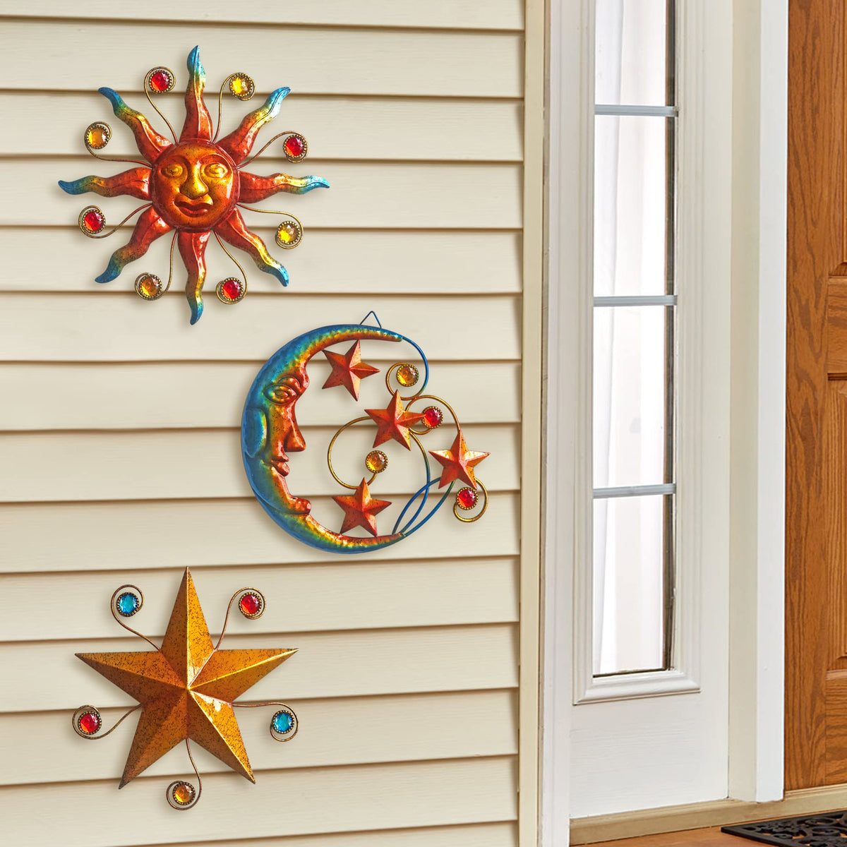 Limygus Set of 3 Celestial Sun Moon Star Metal Silhouette Wall Art, Waterproof Hanging Decor for Home Bedroom Bathroom Office