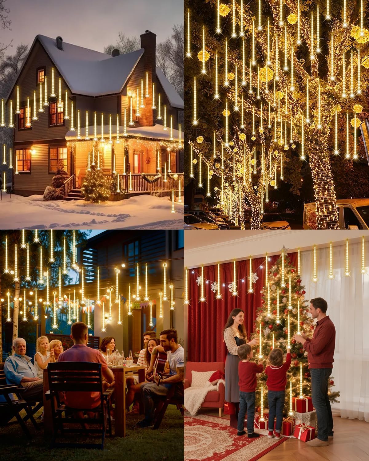 Aokudoni Warm White Christmas Lights Meteor Shower Lights Outdoor 24-Tube 576 LED Snowfall Icicle Cascading Rain Light Christmas Decorations for House Tree Yard Roof Patio Porch Stair, UL Plug