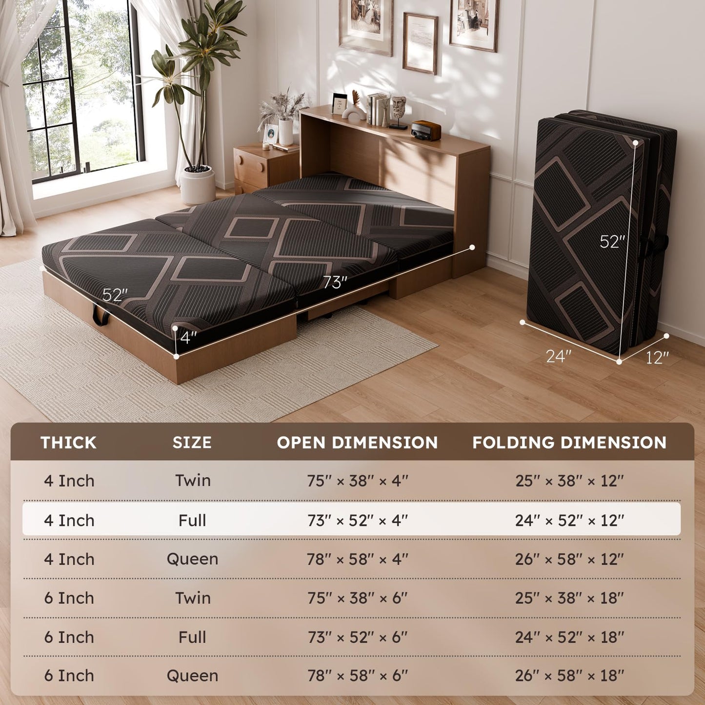CozyMine Trifold Mattress Full Size - 4 Inch Foldable Memory Foam Mattress, Washable Cover and Non-Slip Design, Portable Folding Floor Guest Bed Camping RV Travel Pad, Easy to Store, 73" x 52" x 4"