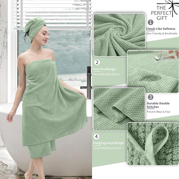 8 Piece Bathroom Towel Set Green |2 Oversized Large Bath Towels Sheet, 2 Hand