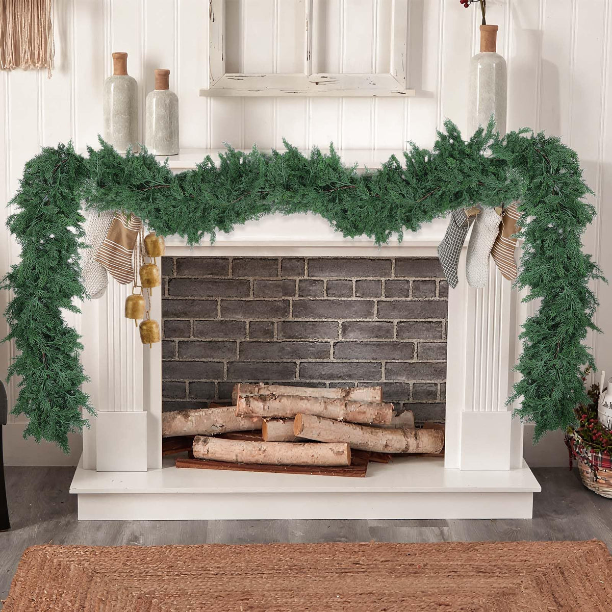 Hananona 9 FT Artificial Cedar Garlands, 1 Pcs Real Touch Winter Cedar Pine Garland, Green Artificial Greenery Garland for Table, Mantle, Wall, Indoor, Outdoor Christmas Decorations (1, Green, 9FT)