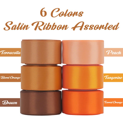 HUIHUANG Terracotta Ribbon 1 inch Orange Double-Faced Satin Ribbon Pack 6 Rolls, Silk Satin Ribbons for Fall Wedding Flower Bouquet Wrap Hair Bows Making Gift Wrapping and Crafts- Total 30 Yards