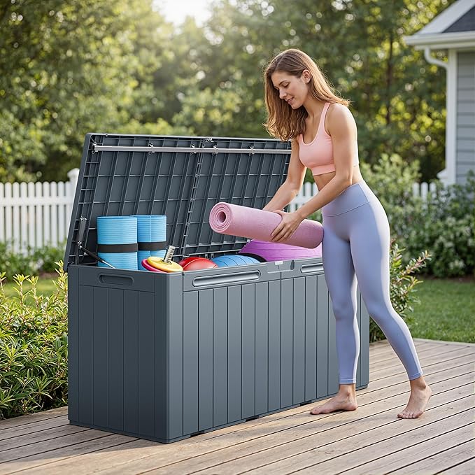 Greesum 110 Gallon Outdoor Storage Box with Lockable Lid, All-Weather Solution for Patio Furniture, Pool Supplies & Garden Tools, Waterproof, UV-Resistant Large Deck Box, Gray