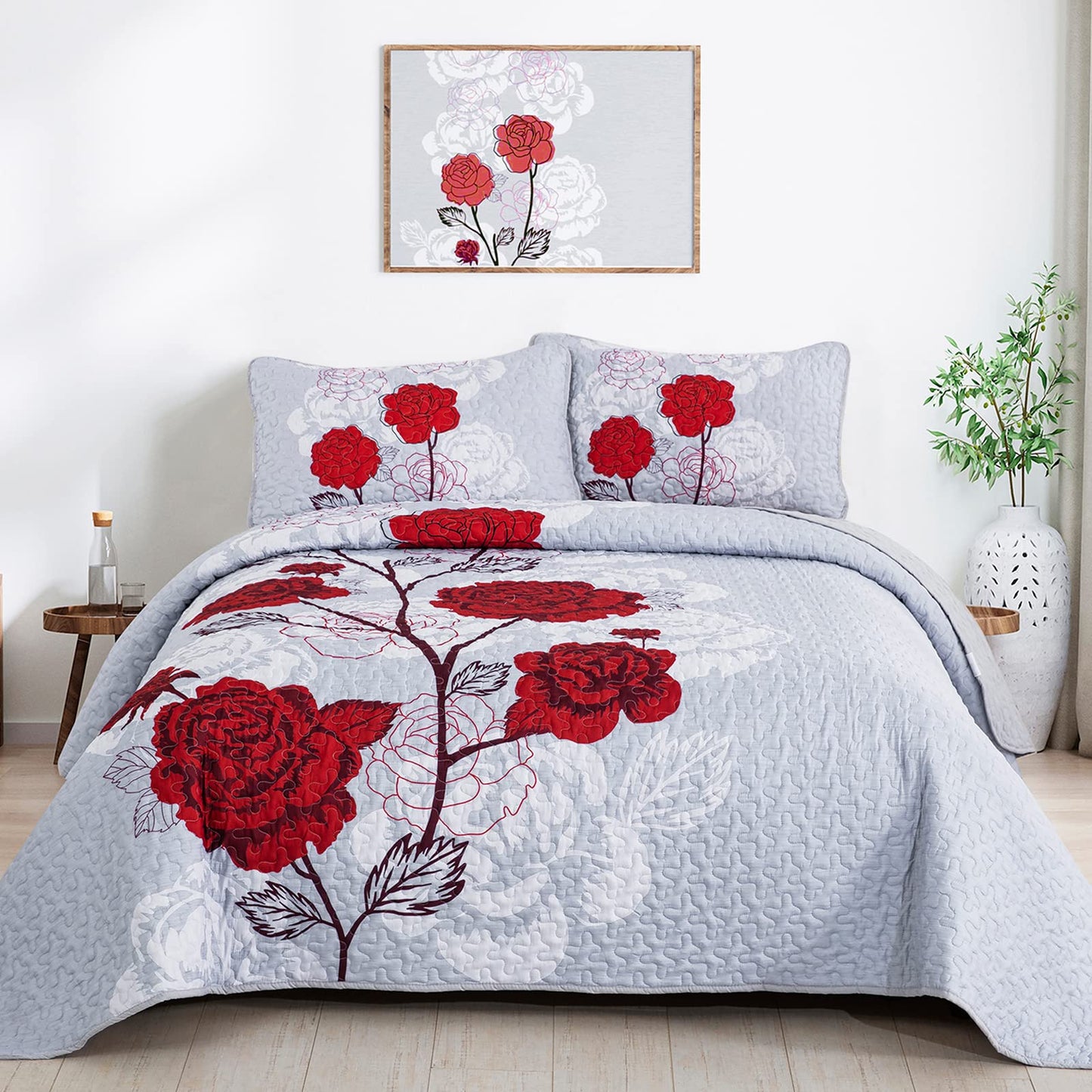 Anibedding Floral Quilt Set King Size,Elegant Red Floral Printed Bedspread Coverlet 3 Pieces Soft Microfiber Bedding Set with 2 Pillowcases for All Season(104"×90")