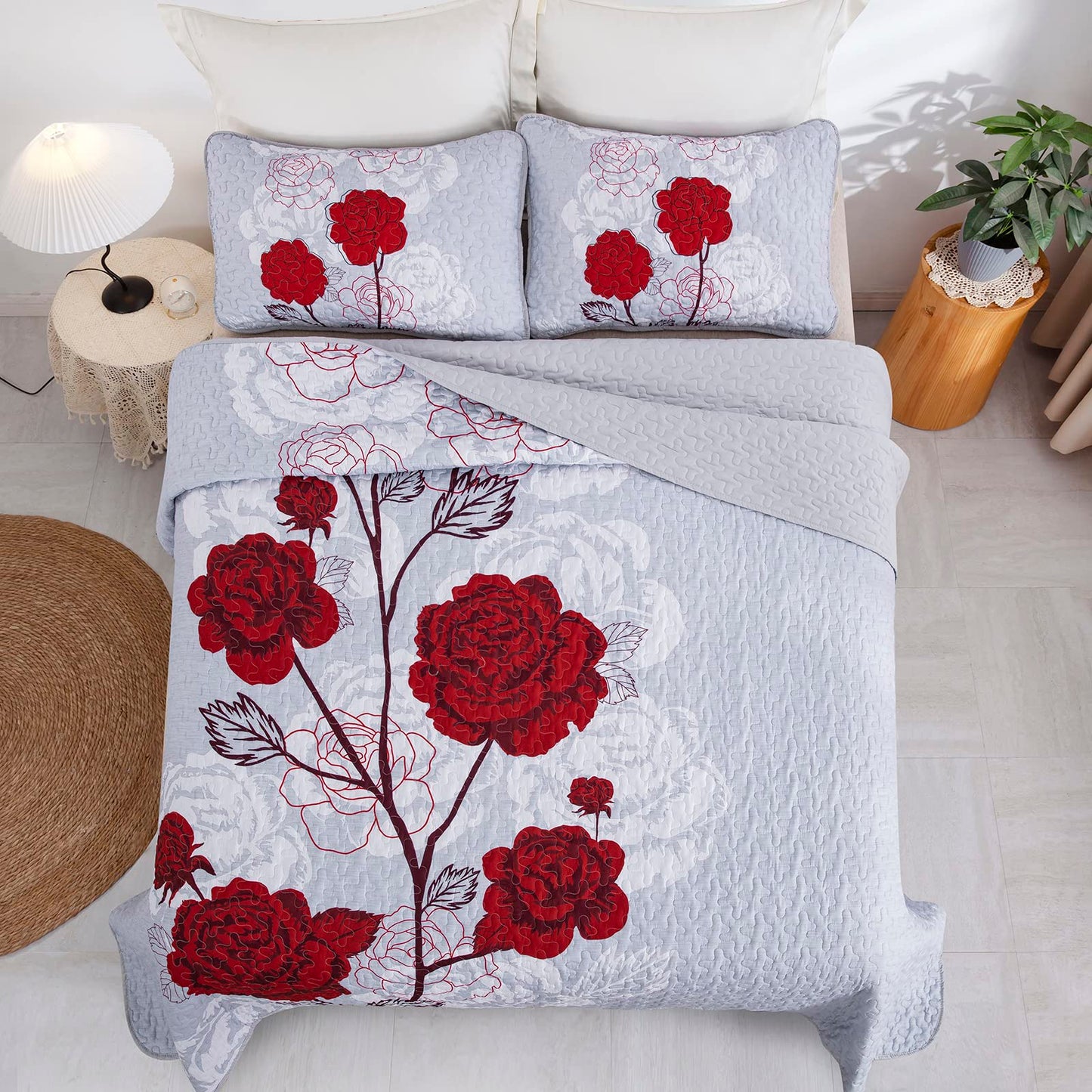 Anibedding Floral Quilt Set King Size,Elegant Red Floral Printed Bedspread Coverlet 3 Pieces Soft Microfiber Bedding Set with 2 Pillowcases for All Season(104"×90")