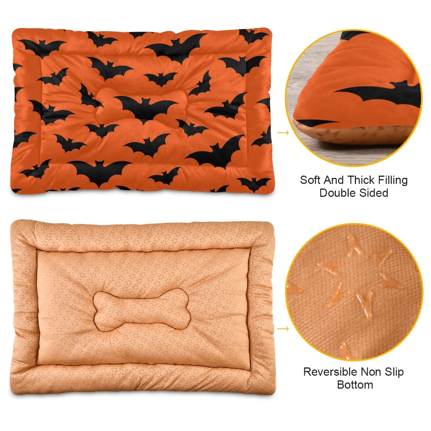 Mazeann Happy Halloween Dog Bed Mat for Large Dog Puppy Cat Kitten, Halloween Bats Pattern Ultra Soft Pet Bed Mattress for Crate with Anti-Slip Washable, Orange, 24 x 36 Inches