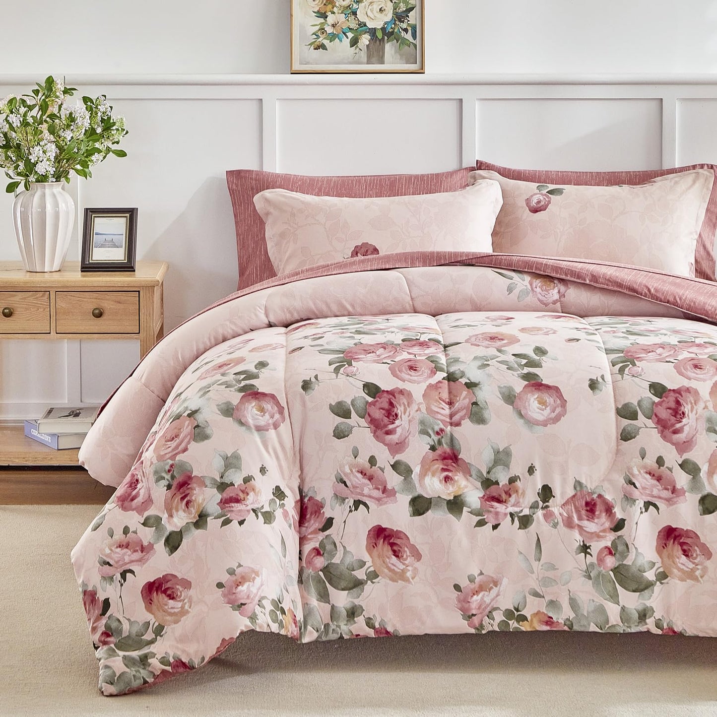 AIKASY Pink Queen Comforter Set with Sheets,Bed in a Bag 7-Pieces,Palm Tree Totem Printing Design,Ultra Soft Down Alternative All Season Bedding Set(Queen, Pink)