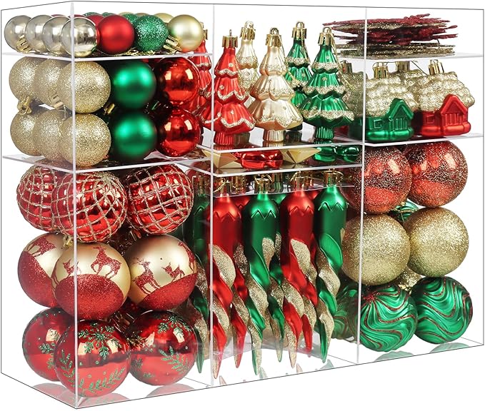 124Ct Red Green and Gold Christmas Ornaments for Tree Set, Shatterproof Assorted Christmas Decorations for Xmas Tree Snowflake Icicle House Ball Ornaments Baubles for Holiday Decor（Red Green Gold）