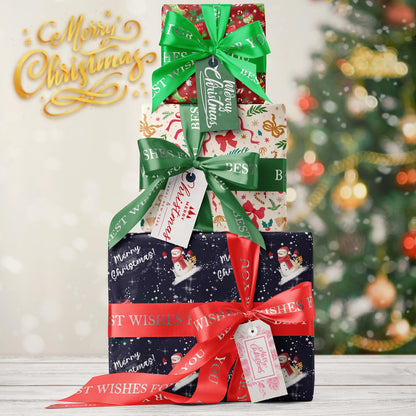GIOLNIAY Christmas Bows Wrapping Paper for Girls Boys Kids - Holiday Gift Wrap with Ribbons, Red Bows, Winter Foliage Design - 4 Jumbo Sheets, 28″×40″ Each, Easy to Store